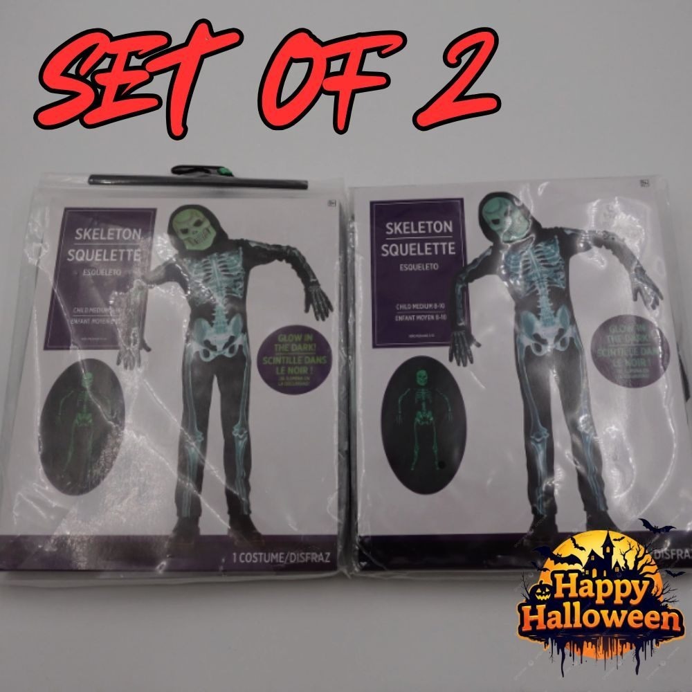 SET OF 2 Amscan Skeleton Costume Child Medium 8-10 Black Glow at Dark 4pc Set